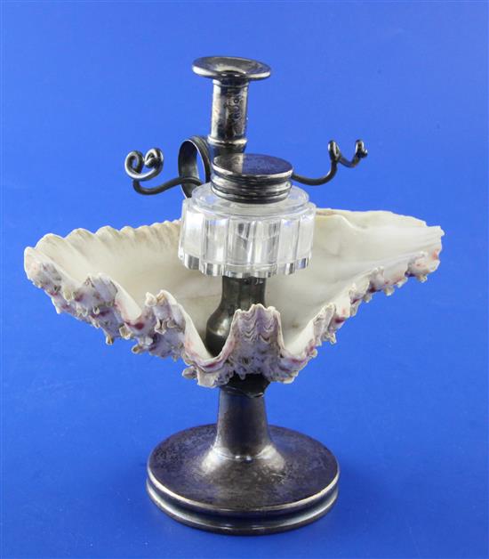 A William IV silver mounted oyster shell inkstand, 5.5in.